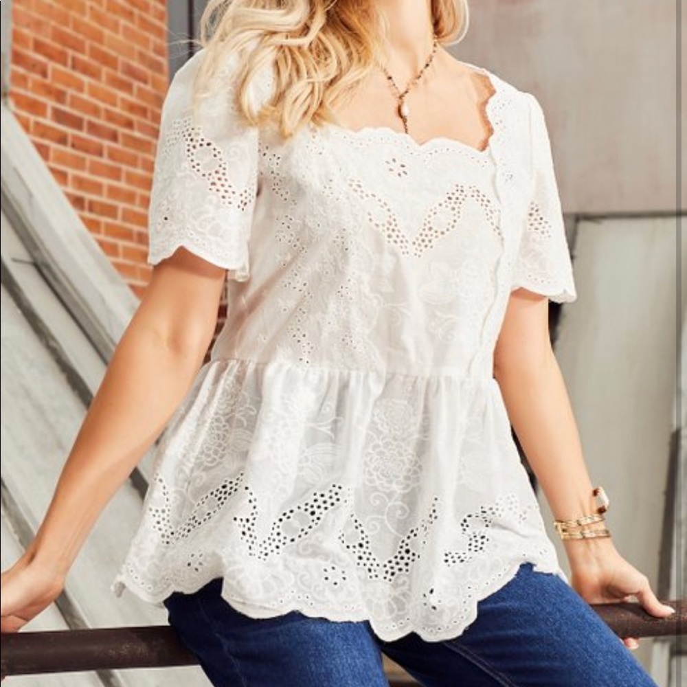 White Eyelet Scallop Blouse Top XL